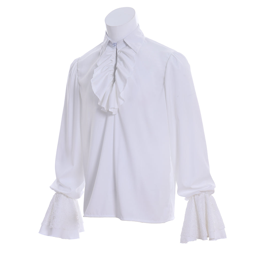 Medieval Victorian Inspired White Ruffled Collar Lace Cuffed Shirt