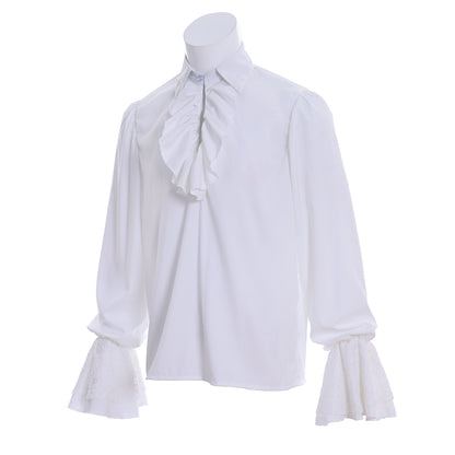 Medieval Victorian Inspired White Ruffled Collar Lace Cuffed Shirt