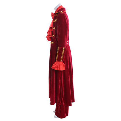 Medieval Men's Red Velvet Long Coat with Gold Trim Ruffled Collar and Cuffs  Matching Pants Costume for Cosplay Themed Events Halloween Christmas or Parties