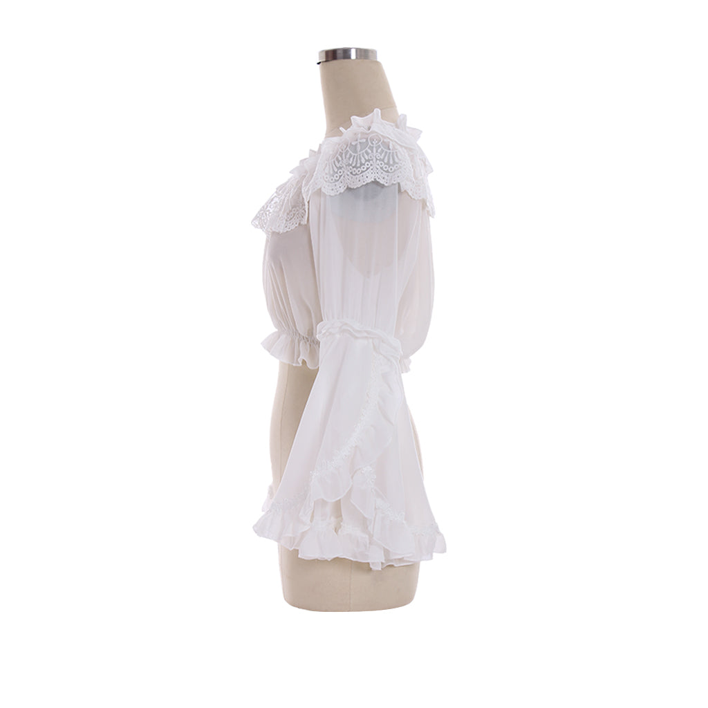 Medieval Gothic White Off-Shoulder Chiffon Crop Top with Lace Ruffled Neckline and Bell Sleeves