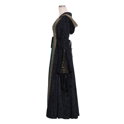 Victorian Gothic Women's Black and Green Cosplay Dress with Square Neck, Long Sleeves, Lace Up Front and Contrast Trim