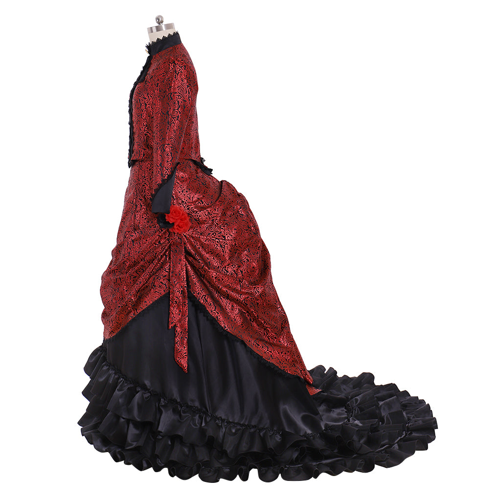 Victorian Rococo Medieval Floor Length Dress Ball Gown Party Costume Princess Patterned Ball Gown Long Sleeve Red Black Women's Halloween Carnival Party Evening Dress Valentine's DayParty Masquerade Adults' Dress All