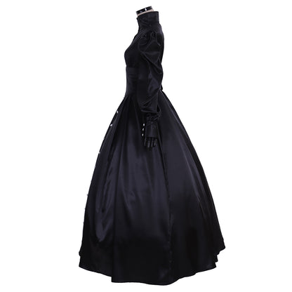 Medieval Gothic Black Satin Ball Gown Puff Sleeve Button Front Waist Cincher Women Adult Renaissance Cosplay Costume Ladies Halloween Christmas Dress