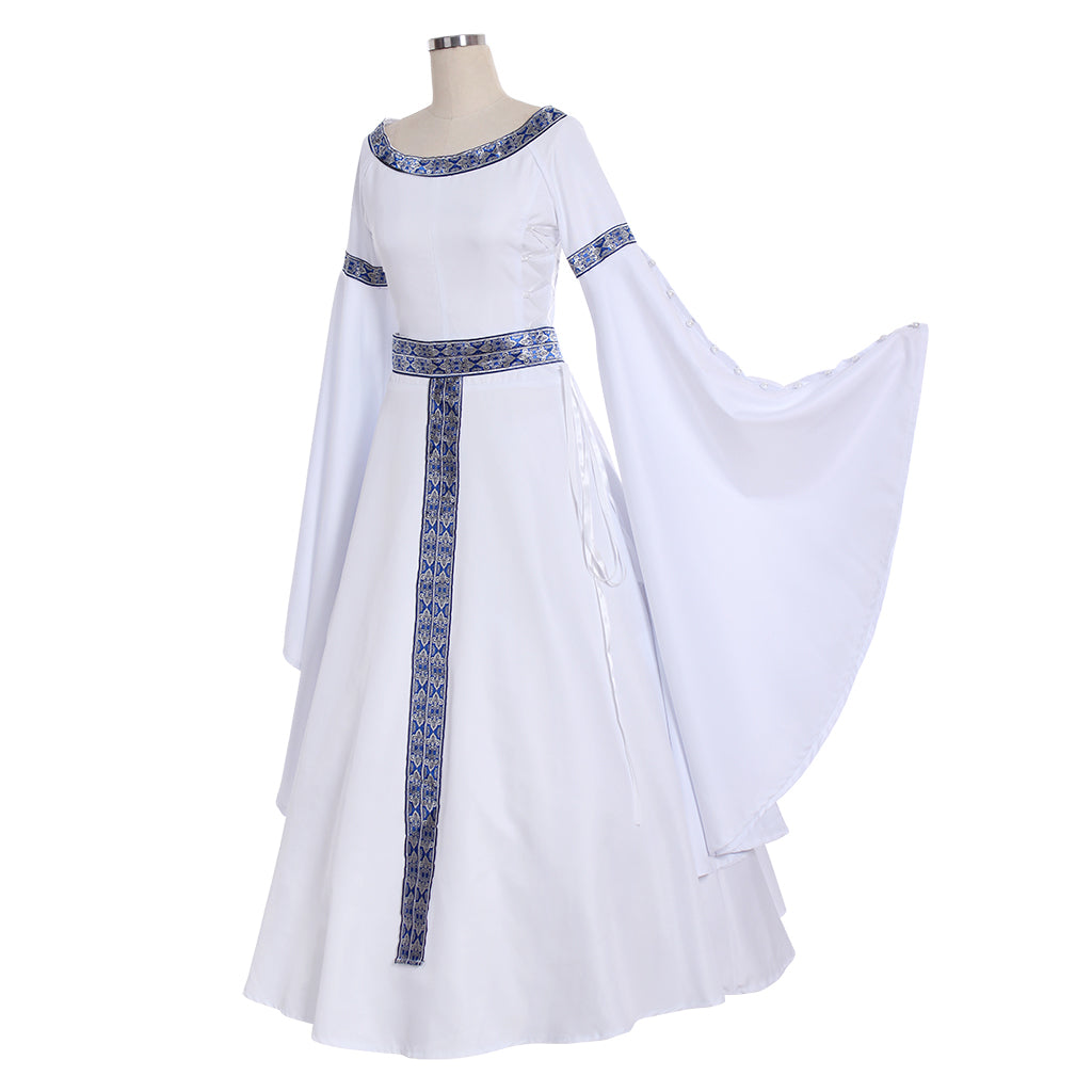 Medieval Women Renaissance White Cosplay Costume Adult Vintage Court Long Sleeve Round Neck Waist Belt Maxi Dress Ladies Halloween Christmas