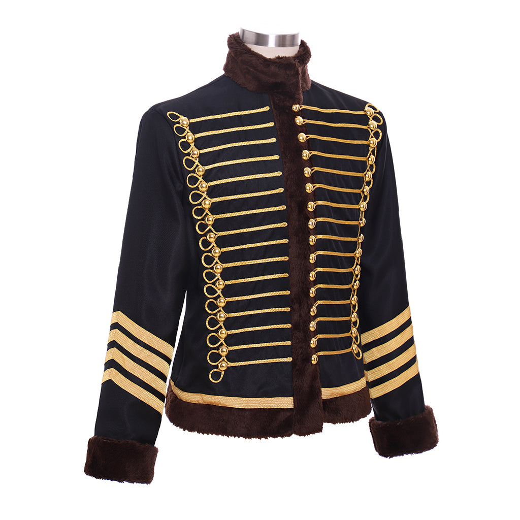 Medieval Victorian Men's Black Gold Accented Brown Fur Trimmed Military Inspired Noble Court Costume Cosplay Stage Outfit Adult Halloween Christmas Party Themed Outfit