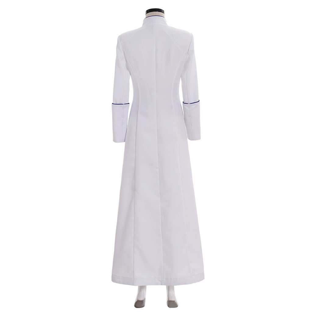 Medieval Renaissance Women's White Cosplay Dress with Stand Up Collar, Long Sleeves, Button  Front Design and Floor  Length Skirt Gothic Ladies Vintage Party Gown