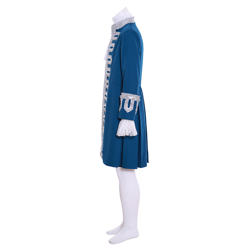 Medieval Teal Blue Court Costume with Silver Ornate Trim and Ruffled Cuffs Cosplay Halloween Christmas