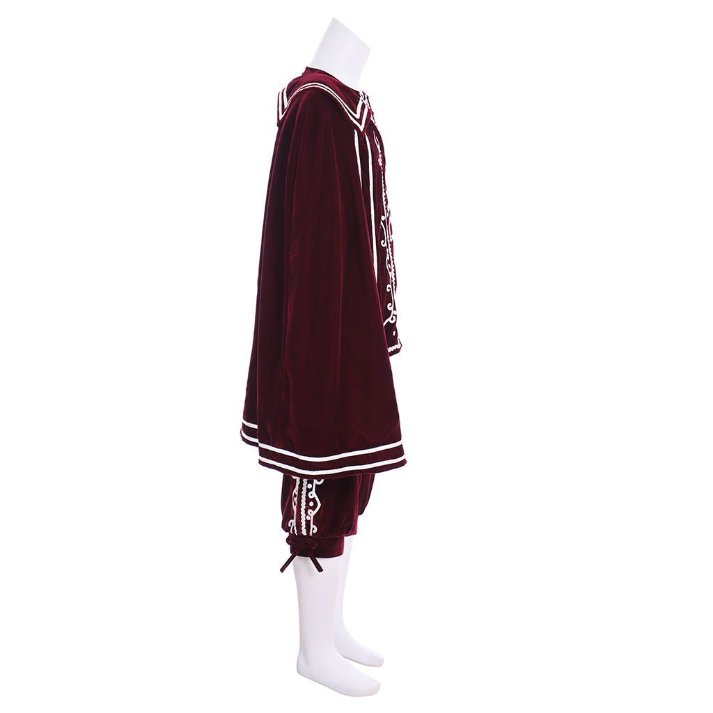 Renaissance Men's Maroon Jacket with White Trim and Cloak Tudor-style and Maroon Breeches for Cosplay or Themed Events Halloween Christmas or Themed Parties