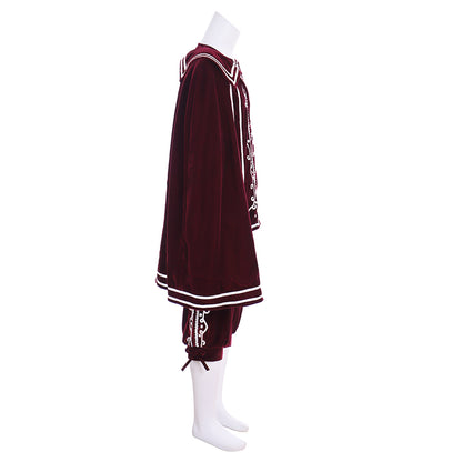 Renaissance Men's Maroon Jacket with White Trim and Cloak Tudor-style and Maroon Breeches for Cosplay or Themed Events Halloween Christmas or Themed Parties