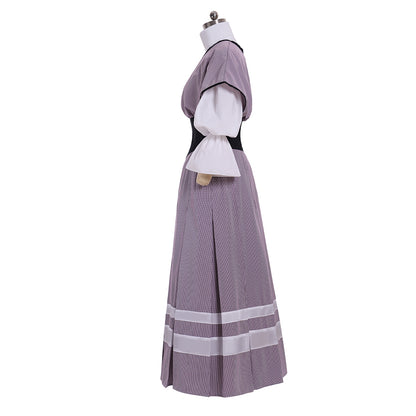 Medieval Women Renaissance Purple With White Stripes And Black Belt Cosplay Costume Adult Vintage Court Puff Sleeve High Waist Maxi Dress Ladies Halloween Christmas