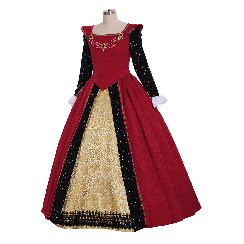 Medieval Tudor Queen Dress Costume Red and Gold Ornate Pattern Square Neckline Long Sleeve with White Cuffs Women's Halloween Fancy Outfits Party Costume Prom Outfit Valentine's Day Party Evening Dress Masquerade Adults' Dress All