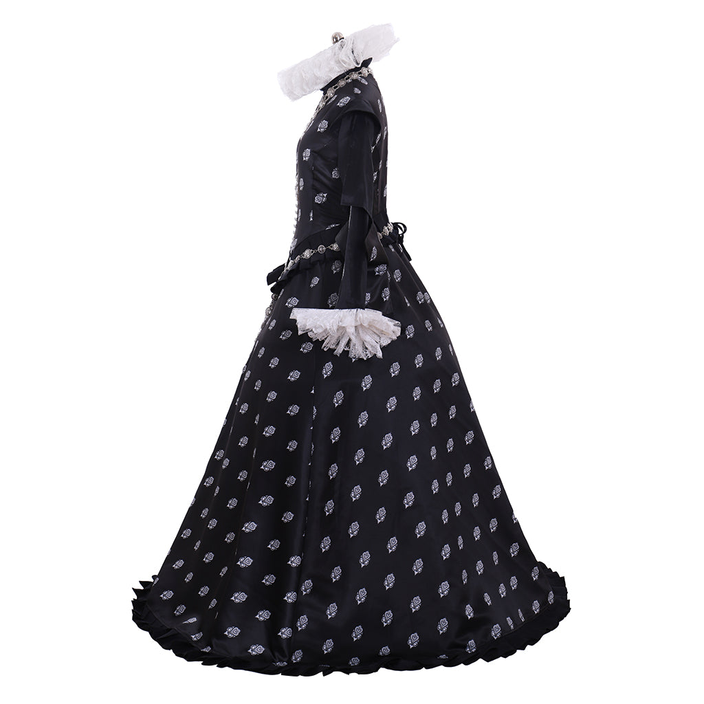 Tudor Dynasty Medieval Court Dress Renaissance Inspired Gown Prom Outfit Black White Polka Dot Ruffled Collar Cuffs Ornate Beaded Detail Women'sHalloween Carnival Valentine's Day Party Evening Dress Masquerade Adults' Dress All