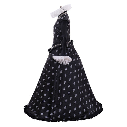Tudor Dynasty Medieval Court Dress Renaissance Inspired Gown Prom Outfit Black White Polka Dot Ruffled Collar Cuffs Ornate Beaded Detail Women'sHalloween Carnival Valentine's Day Party Evening Dress Masquerade Adults' Dress All