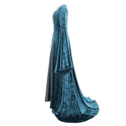 Medieval Women Renaissance Teal And Gray Cosplay Costume Adult Vintage Court Lace Up Flared Sleeve Square Neck Maxi Dress