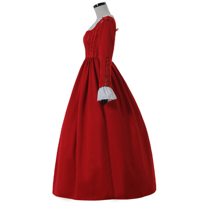 Medieval Women Victorian Renaissance Cosplay Costume Gothic Steampunk Square Neck Flared Sleeve Corset Style Solid Red Gown Adult Ladies Halloween Christmas Dress