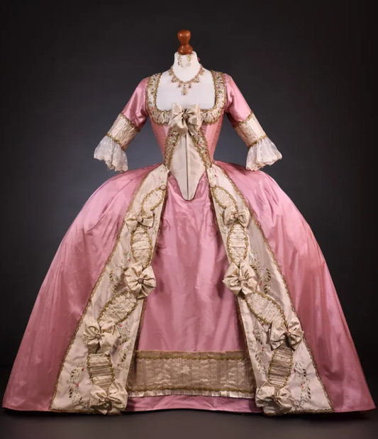 Rococo Style Pink Satin Gown with Elaborate Gold Embellishments and Layered Skirt for Historical Reenactments Halloween Christmas
