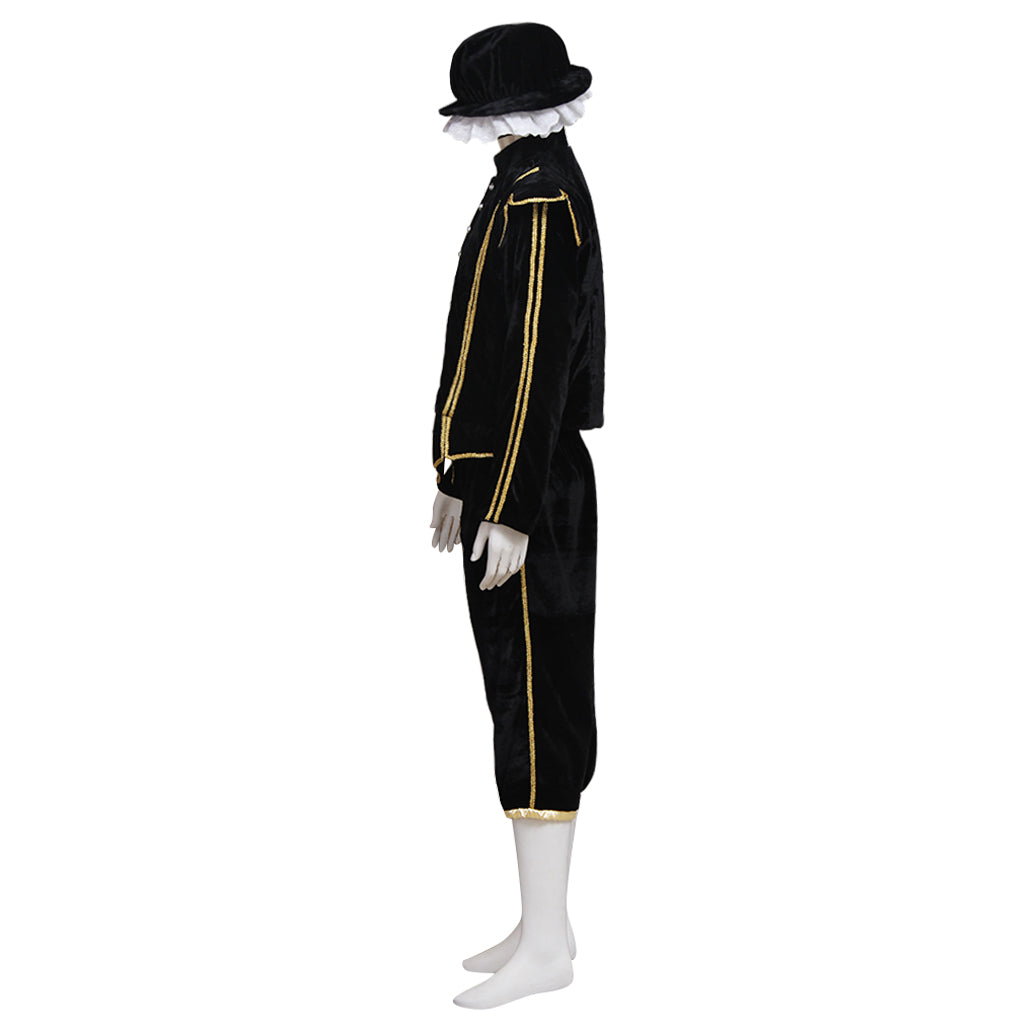 Medieval Men's Black Coat with Gold Trim, White Collar and Black Breeches with Hat Costume for Cosplay Themed Events Halloween Christmas or Themed Parties