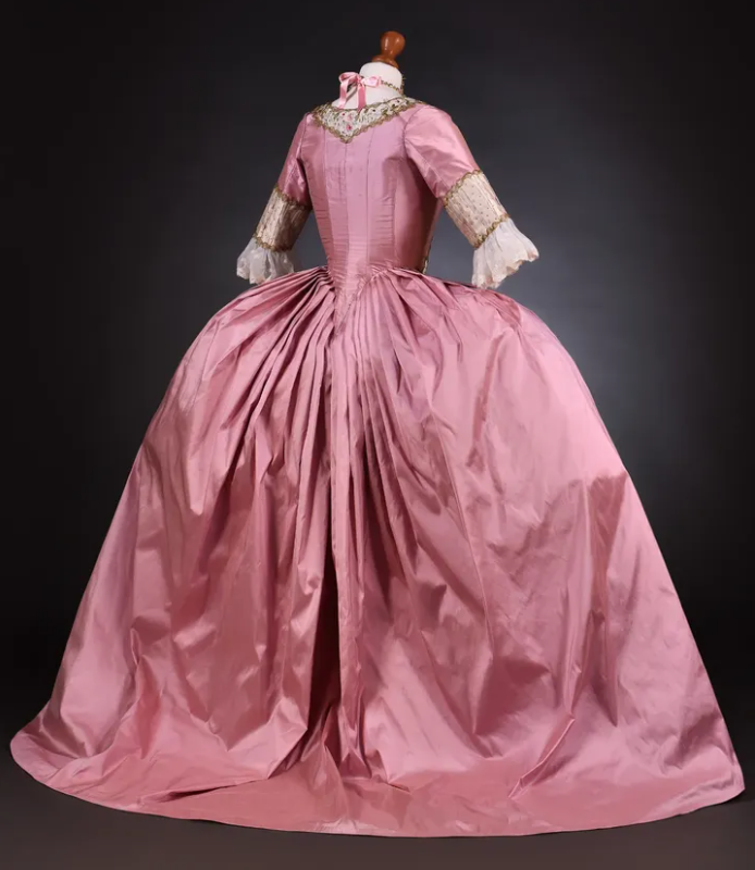 Rococo Style Pink Satin Gown with Elaborate Gold Embellishments and Layered Skirt for Historical Reenactments Halloween Christmas