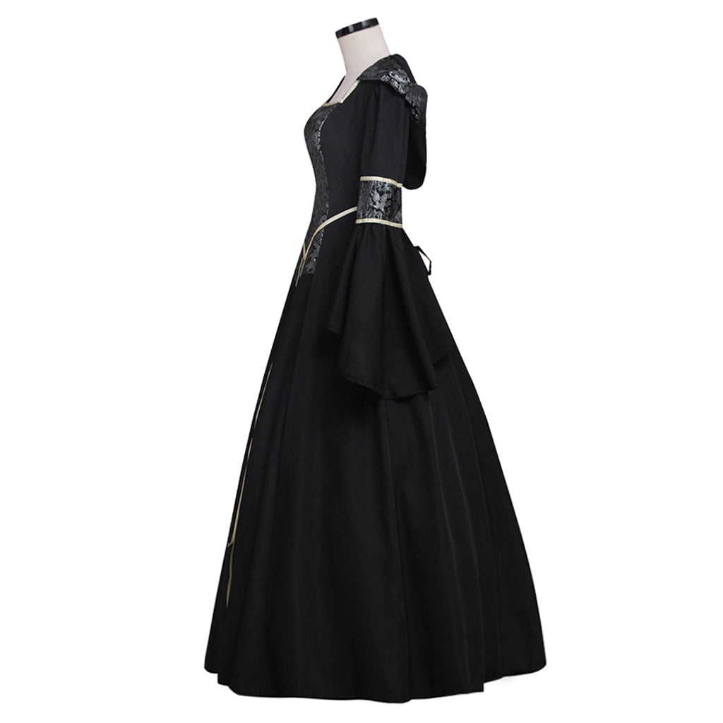 Medieval Gothic Queen Cosplay Costume  Vintage Regency Dress  Victorian Costume Square Neck Black Gown With Silver Pattern Trim Long Flared Sleeve Renaissance Cosplay Costume Adult Ladies Halloween Christmas Dress