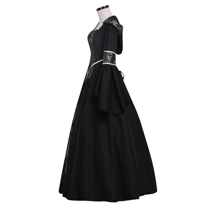 Medieval Gothic Queen Cosplay Costume  Vintage Regency Dress  Victorian Costume Square Neck Black Gown With Silver Pattern Trim Long Flared Sleeve Renaissance Cosplay Costume Adult Ladies Halloween Christmas Dress