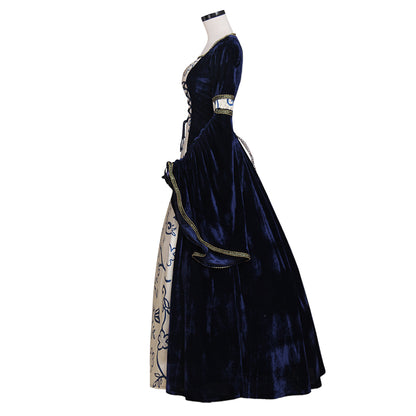 Medieval Vintage Regency Dress Square Neck Navy Blue Cream Patterned Gown Medieval Cosplay Costume Long Sleeve With Trim Renaissance Gown Women Cosplay Costume Adult Ladies Halloween Christmas Dres