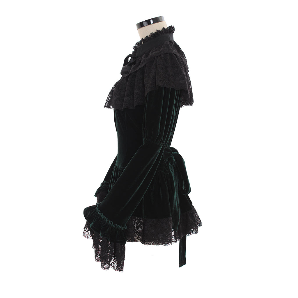 Gothic Victorian-Inspired Deep Green Velvet Blouse with Black Lace Ruffles, High Neck, and Bow Accent