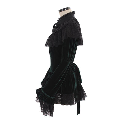 Gothic Victorian-Inspired Deep Green Velvet Blouse with Black Lace Ruffles, High Neck, and Bow Accent