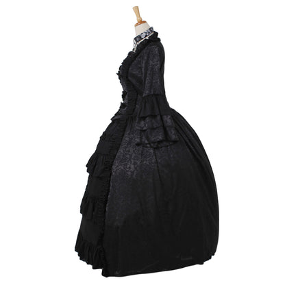 Medieval Women Gothic Victorian Renaissance Cosplay Costume Ruffled Long Sleeve Square Neck Black Gown Adult Ladies Halloween Christmas Dress