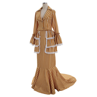 Victorian Gothic Vintage Inspired Dress Party Costume Prom Outfit Princess Shakespeare Yellow - Brown Striped Flared Cuff Women's Halloween Carnival Valentine's Day Party Evening Party Masquerade Adults' Dress All