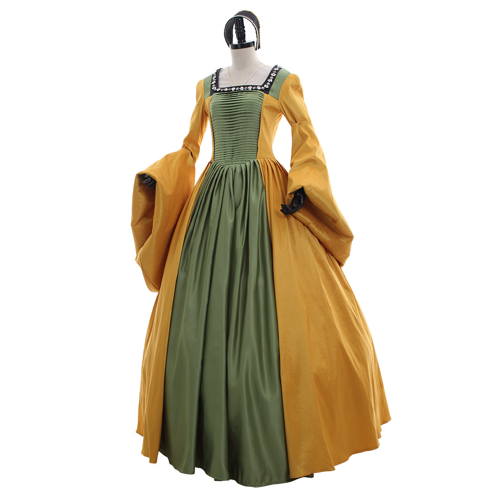 Tudor Dynasty Medieval Court Dress Renaissance Inspired Gown Halloween Fancy Outfits Party Costume Prom Outfit Green Gold-Embroidered Square Neckline Puff Sleeve Women's Halloween Carnival Valentine's Day Masquerade Adults' Dress All