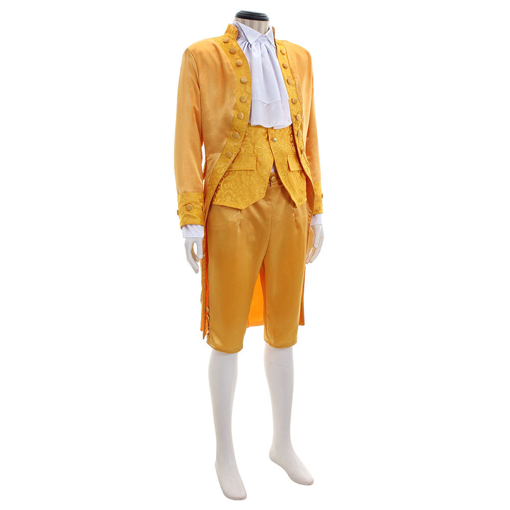 Medieval Men's Gold Court Suit with White Ruffle and Ornate Design Costume for Cosplay Themed Events Halloween Christmas or Themed Parties