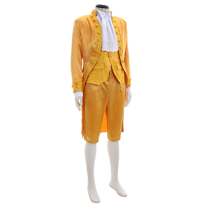 Medieval Men's Gold Court Suit with White Ruffle and Ornate Design Costume for Cosplay Themed Events Halloween Christmas or Themed Parties