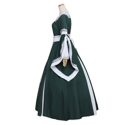 Medieval Women Renaissance Victorian Cosplay Costume Flared Long Sleeve White Trimmed Color Block Dark Green White Gown Adult Ladies Halloween Christmas Dress