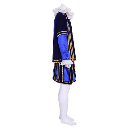 Medieval Men's Navy Blue Jacket with Gold Trim and White Ruffled Collar, Matching Blue Breeches for Cosplay or Themed Events Halloween Christmas or Themed Parties