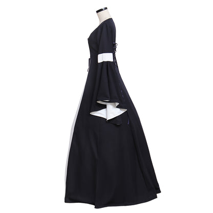 Medieval Women Renaissance Victorian Cosplay Costume Flared Long Sleeve White Trimmed Color Block Black White Lace Up Gown Adult Ladies Halloween Christmas Dress