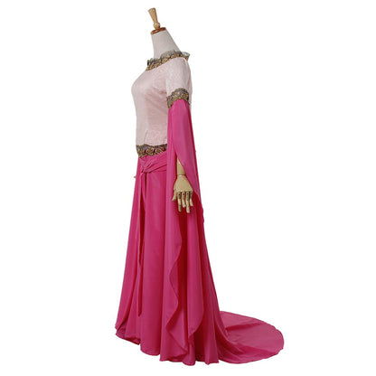 Medieval Women Renaissance Victorian Cosplay Costume Flared Long Sleeve Embroidered Waist Pink Top and Long Skirt Set Adult Ladies Halloween Christmas Dress