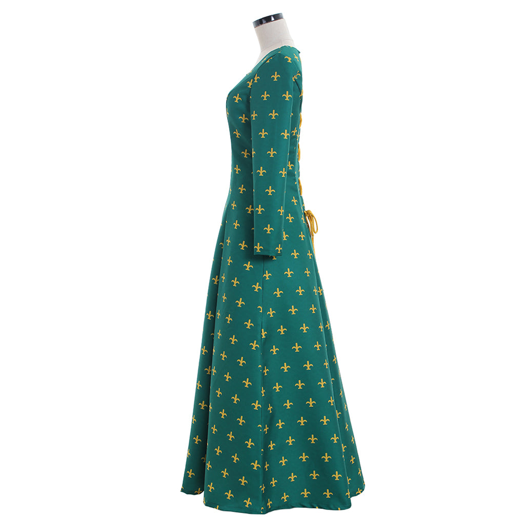 Medieval Women Viking Green With Yellow Cross Patterns Cosplay Costume Adult Renaissance Ancient Gown With Long Sleeves Norse Gothic Ladies Halloween Christmas Dress