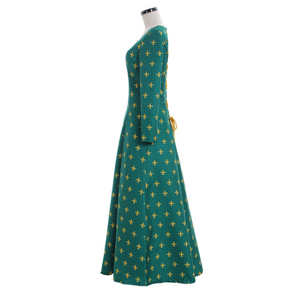 Medieval Women Viking Green With Yellow Cross Patterns Cosplay Costume Adult Renaissance Ancient Gown With Long Sleeves Norse Gothic Ladies Halloween Christmas Dress