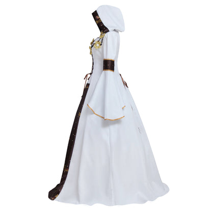 Medieval Women Victorian Renaissance Cosplay Costume Gothic Steampunk Square Neck Flared Sleeve Corset Style Patterned Brown White Gown Adult Ladies Halloween Christmas Dress