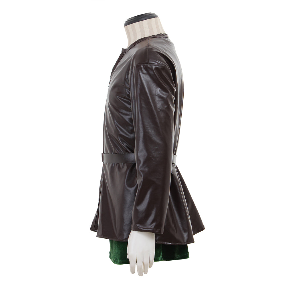 Medieval Men's Brown Leather Jacket with Black Belt and Green Lining Costume for Cosplay Themed Events Halloween Christmas or Themed Parties