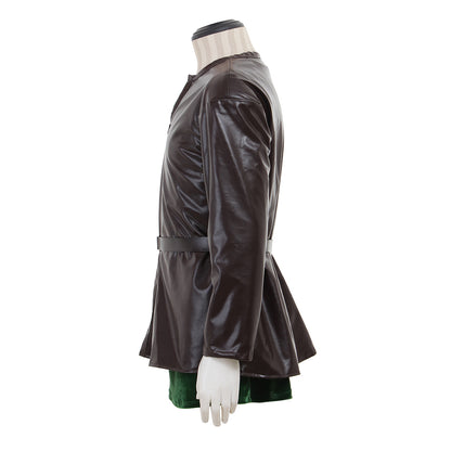 Medieval Men's Brown Leather Jacket with Black Belt and Green Lining Costume for Cosplay Themed Events Halloween Christmas or Themed Parties