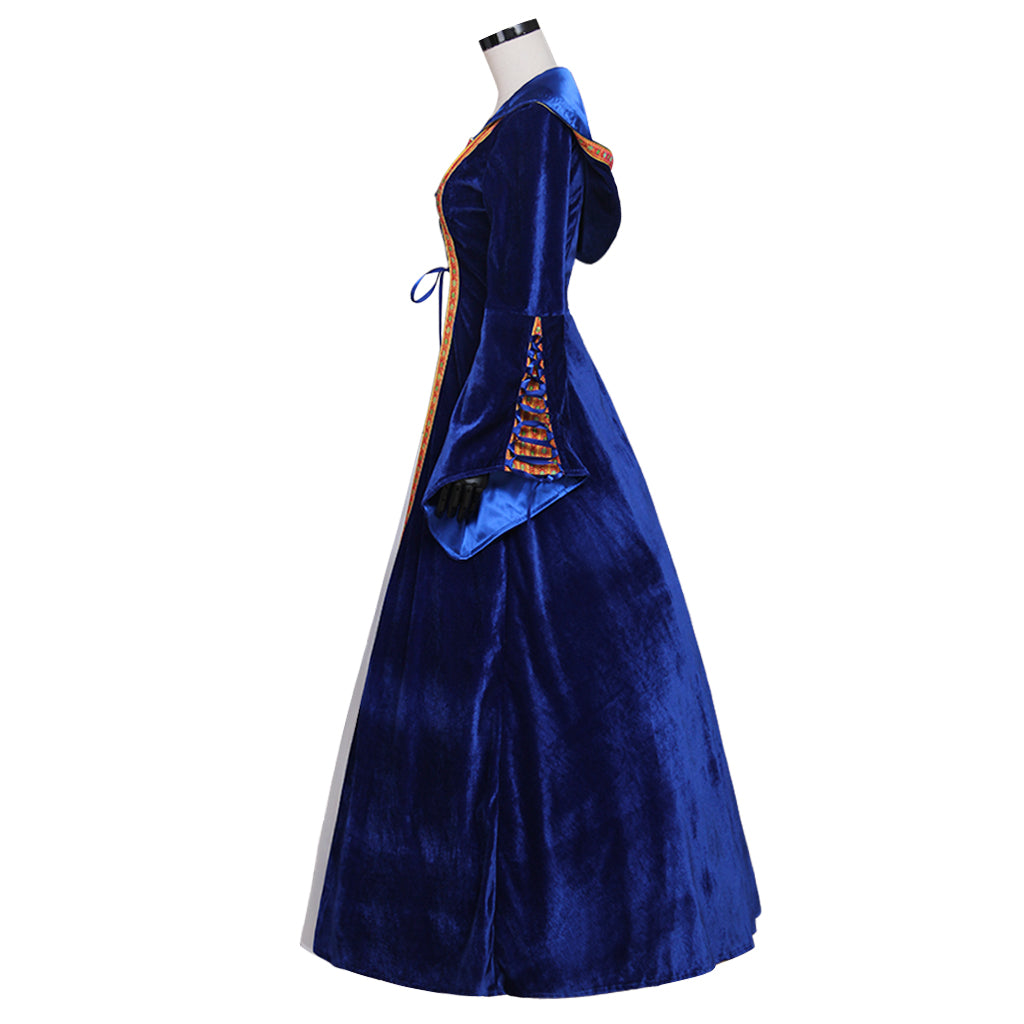 Medieval Vintage Regency Dress Hooded Blue White Gown Medieval Cosplay Costume Long Sleeve With Lace up Renaissance Gown Women Cosplay Costume Adult Ladies Halloween Christmas Dress