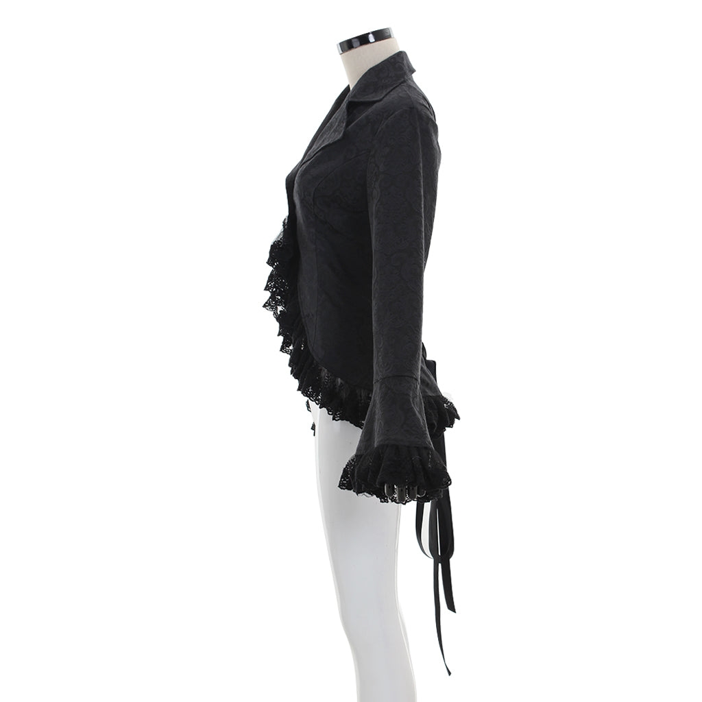 Medieval Gothic Purple Brocade Jacket Flared Sleeves with Black Lace Trim Renaissance Vintage Cosplay Costume Coat