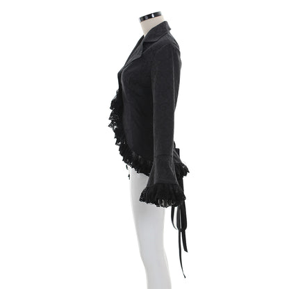 Medieval Gothic Purple Brocade Jacket Flared Sleeves with Black Lace Trim Renaissance Vintage Cosplay Costume Coat