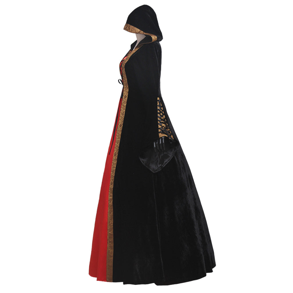 Medieval Vintage Regency Dress Hooded Black Red Gown Viking Cosplay  Costume  Long Sleeve With Lace - up Renaissance Gown Women Cosplay Costume Adult Ladies Halloween Christmas Dress