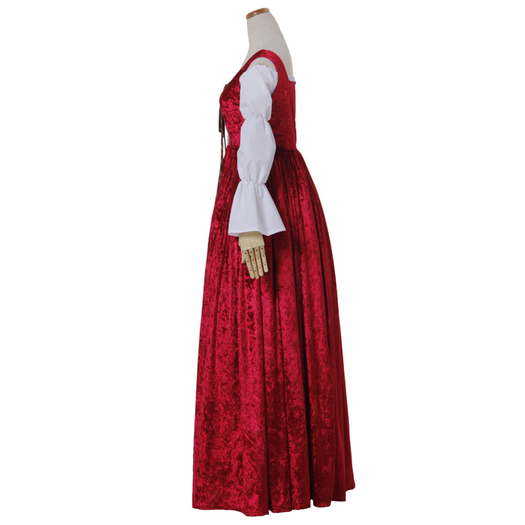 Medieval Renaissance Women's Red and White Cosplay Dress with Square Neck, Puff Sleeves, Button Front and Contrast Trim Gothic Ladies Halloween Party Outerwear