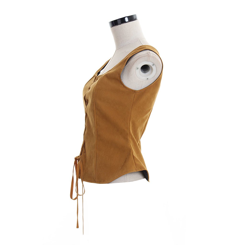 Medieval Renaissance Tan Faux Suede Lace Up Vest Square Neck Sleeveless Corset Top