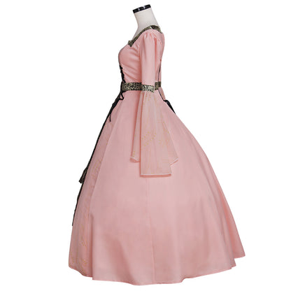 Medieval Women Renaissance Victorian Cosplay Costume Long Sleeve Embroidered Tie Waist Pink Gown Adult Ladies Halloween Christmas Dress