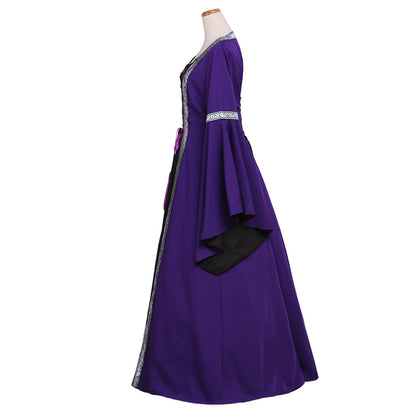 Medieval Women Viking Purple And Black Cosplay Costume Adult Renaissance Ancient Gown With Lace Up And Bell Sleeves Norse Gothic Ladies Halloween Christmas Dress