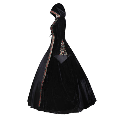 Medieval Women Renaissance Victorian Cosplay Costume Flared Long Sleeve Brown Trimmed Color Block Black Lace Up Gown Adult Ladies Halloween Christmas Dress